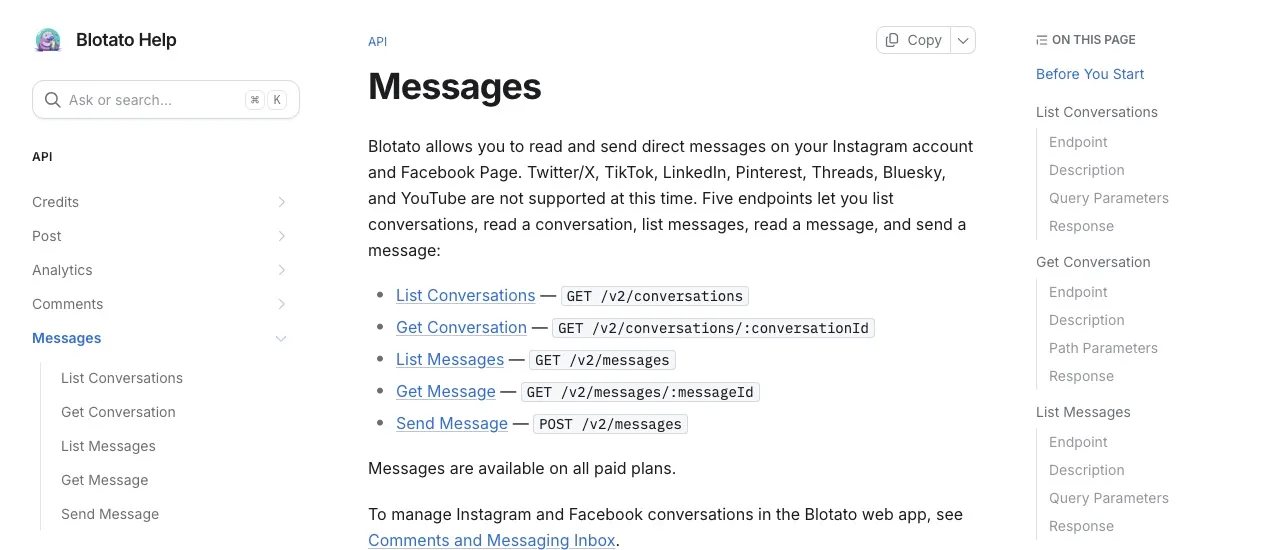 Blotato's Messages API reference listing the five conversation and message endpoints, with Instagram and Facebook named as the only platforms the messaging endpoints support.