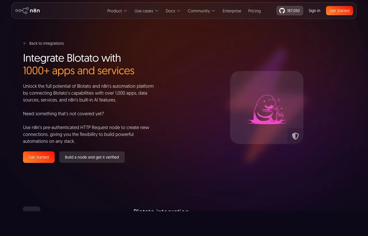 Blotato's n8n integration node showing automated multi-platform posting from a single workflow.