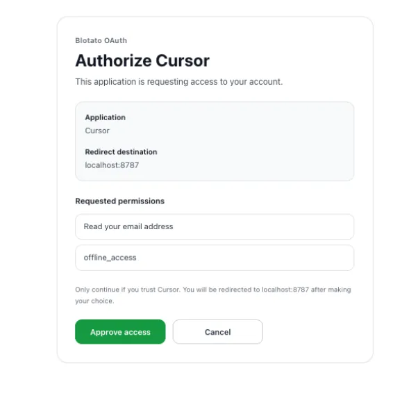 Blotato OAuth authorization screen requesting access approval before the agent can use the account.