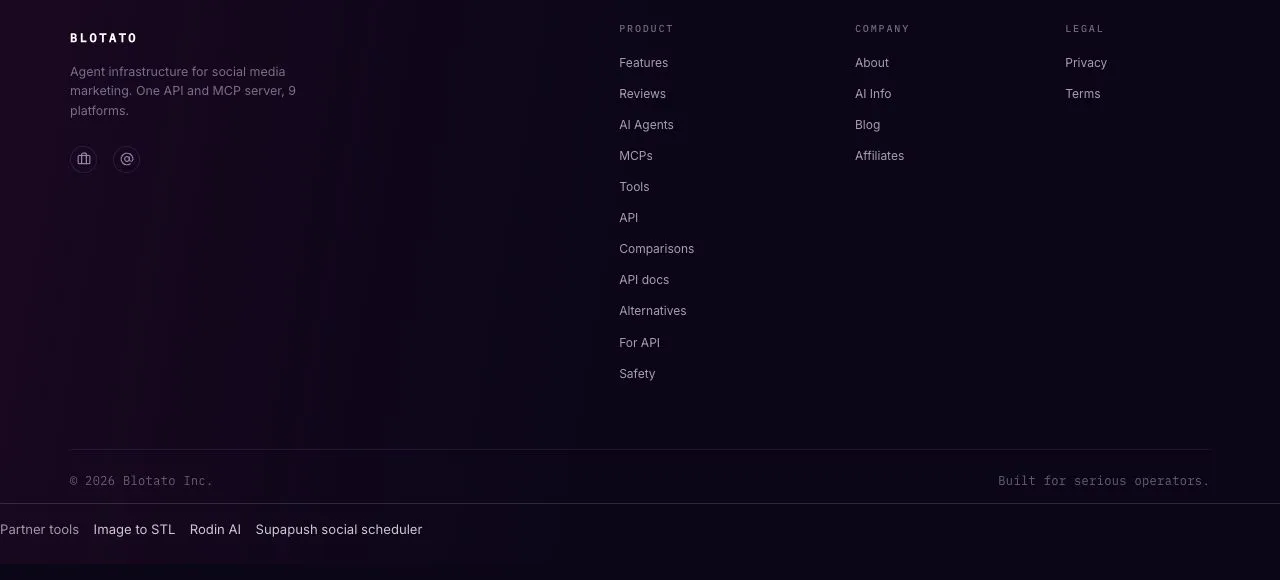 The blotato.online footer reads "© 2026 Blotato Inc." directly above a Partner tools row that links to the Supapush social scheduler.
