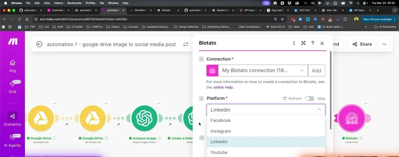 The Blotato Create a Post module with the Platform dropdown open, listing Facebook, Instagram, LinkedIn, YouTube, Pinterest, and TikTok among the connected options.