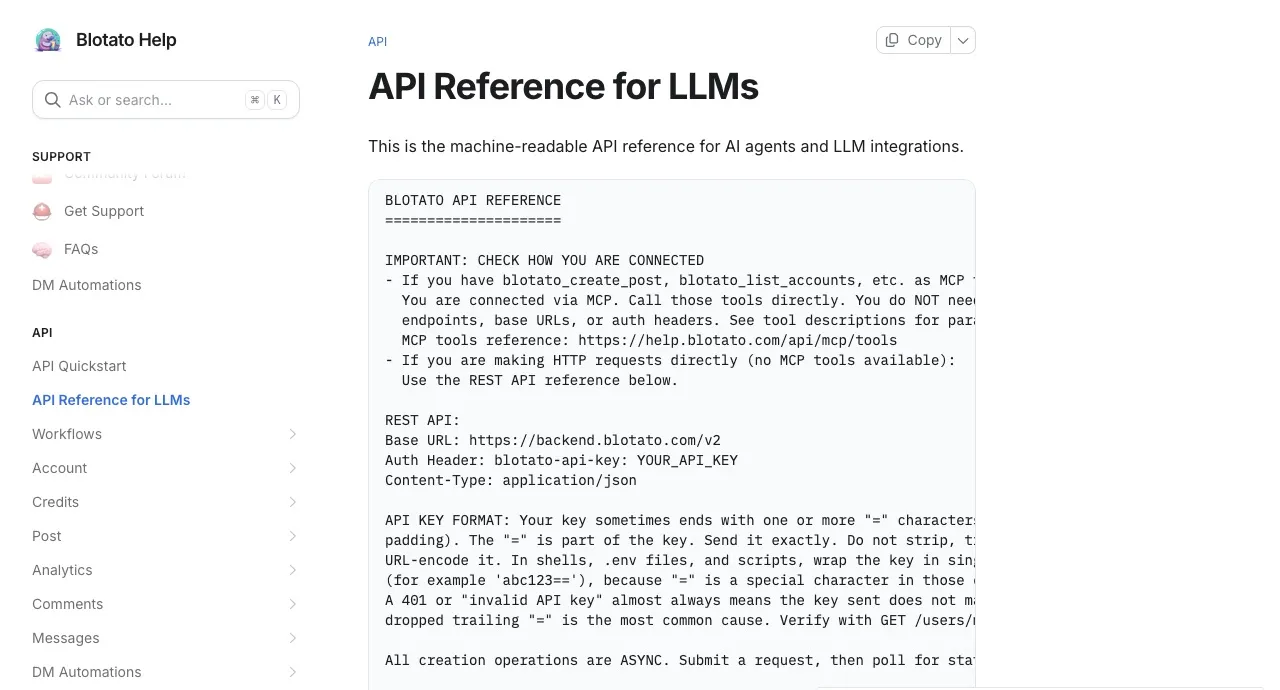 Blotato's machine-readable API reference, stating that all creation operations are asynchronous and that you submit a request then poll for status.