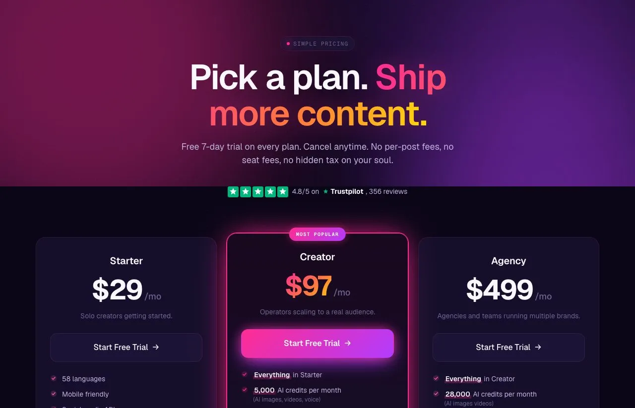 Blotato's pricing page showing Starter at $29, Creator at $97 and Agency at $499, with a free seven-day trial on every plan.