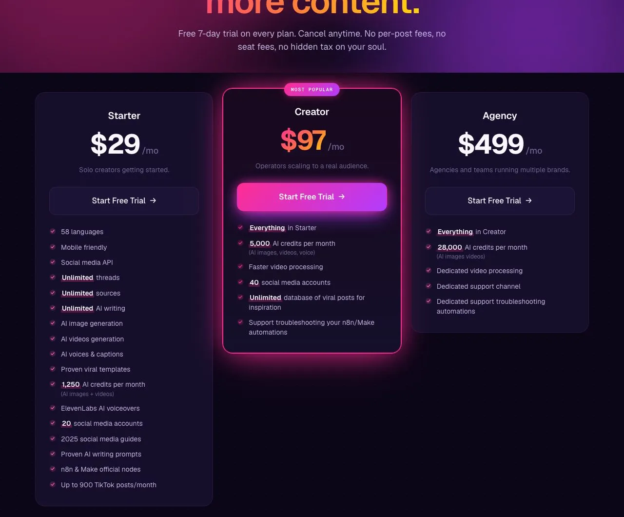 Blotato's pricing: flat-rate plans at $29/month for 20 social accounts, $97 for 40 accounts, and $499 for agencies, each with a 7-day trial and no card required.