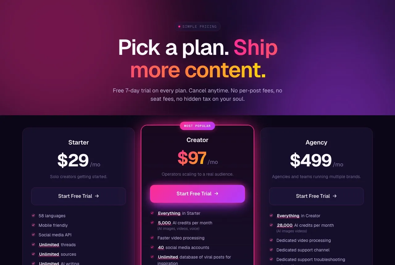 Blotato's pricing: Starter at $29/mo, Creator at $97/mo, and Agency at $499/mo, flat rate with a 7-day trial you can cancel anytime.