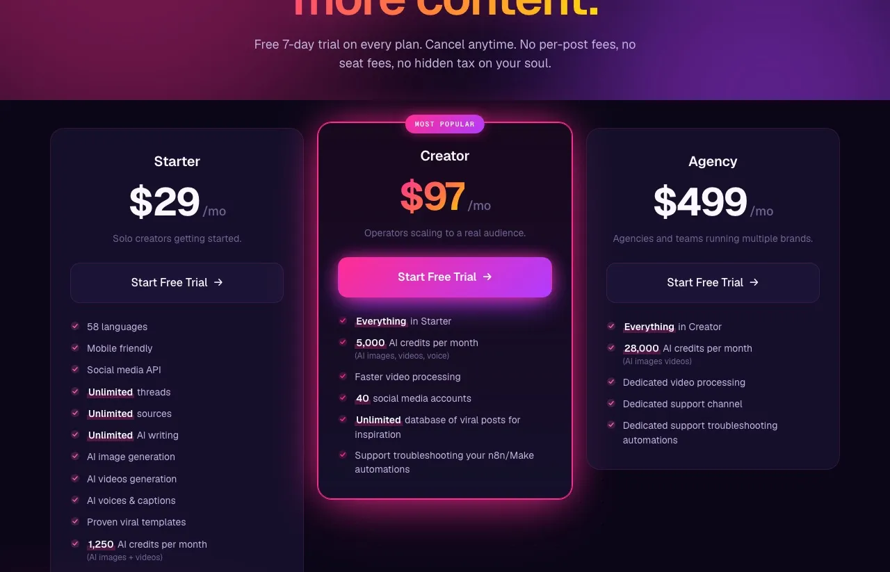 Blotato's pricing page showing Starter, Creator, and Agency plans with AI credit allocations.