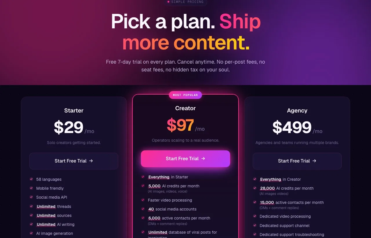 Blotato's pricing page showing Starter at $29 a month, Creator at $97, and Agency at $499.