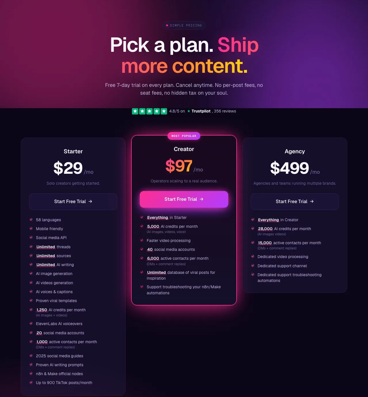 Blotato's pricing page: Starter $29, Creator $97 and Agency $499 a month, with no per-post fees and a trial that covers all features except the API.
