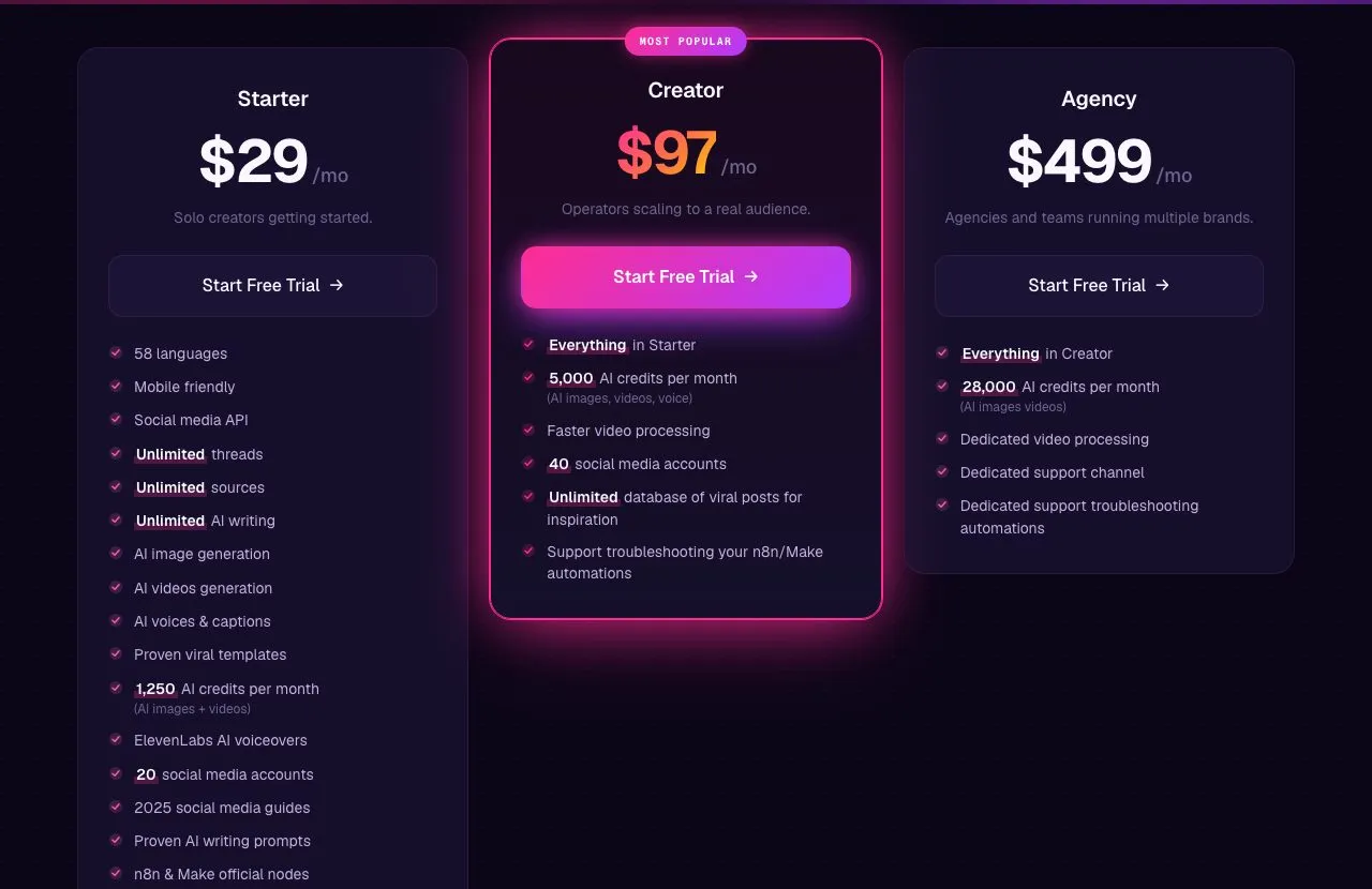 Inside the Blotato pricing page: every tier opens with a 7-day trial, scaling from $29 a month at the Starter level to $499 a month for Agency.