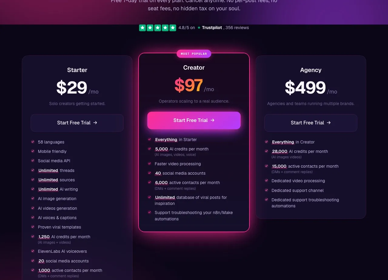 Blotato's three pricing tiers: Starter at $29, Creator at $97 and Agency at $499, with the social media API listed on the Starter plan.