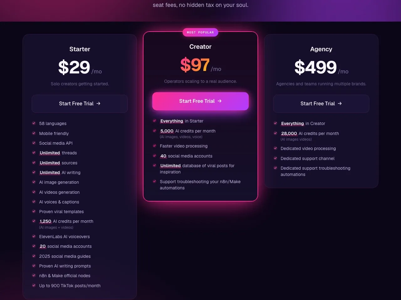 Inside the Blotato pricing page: every tier opens with a no-card 7-day trial, scaling from $29 a month at the Starter level up to $499 a month for Agency.