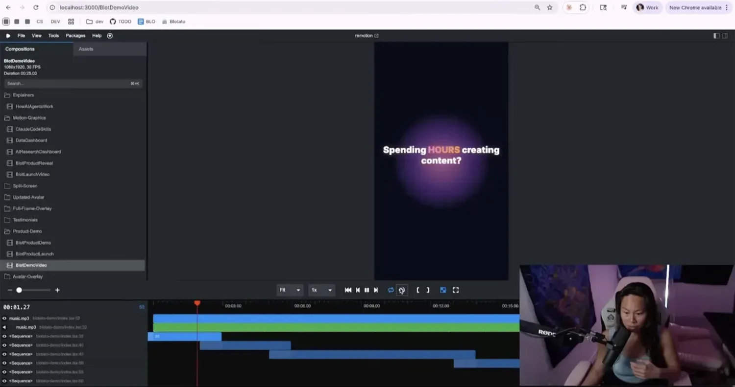 Blotato simulated product demo frame in Remotion Studio, showing the AI-generated UI mock with brand colors pulled directly from the website.