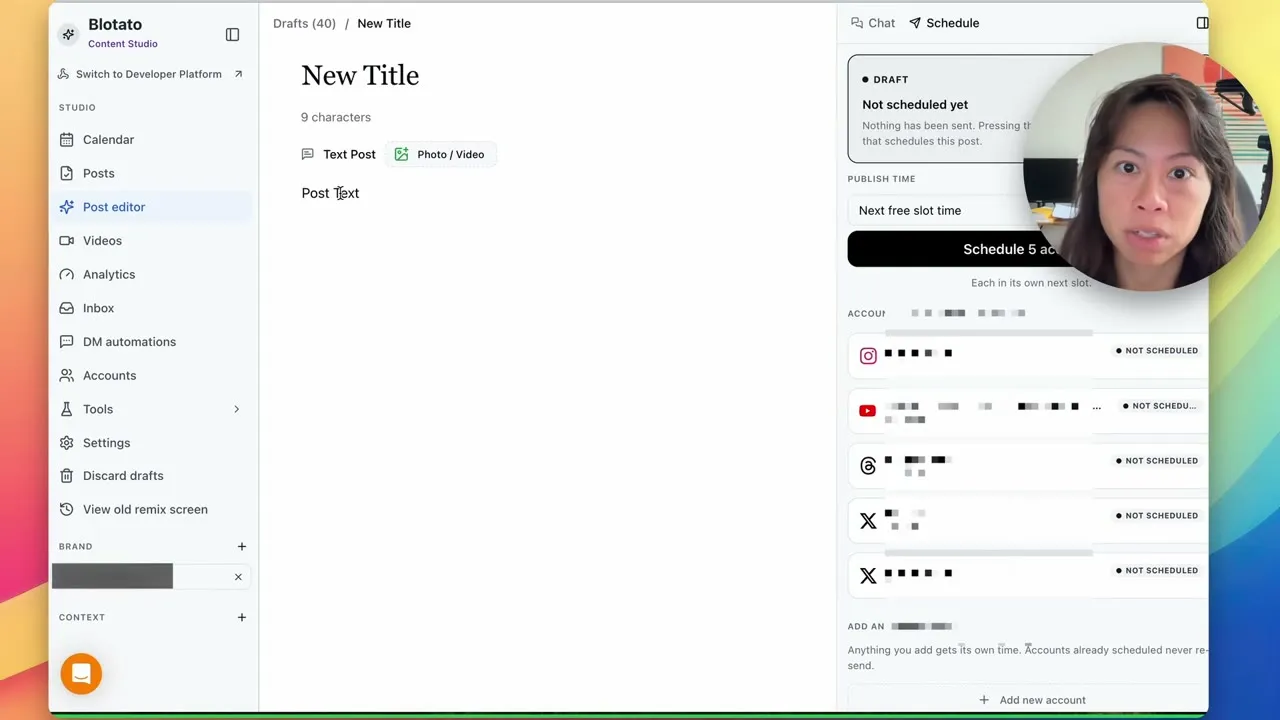 Blotato's post editor in Content Studio with Next free slot time selected and five connected accounts waiting, each to be scheduled in its own next slot.