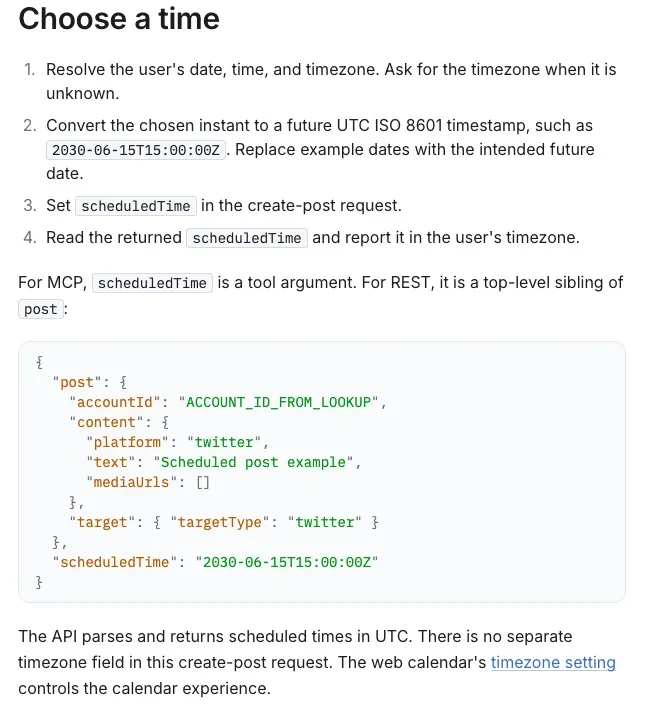 Blotato's scheduling docs: for REST, scheduledTime is a top-level sibling of post, given as a UTC timestamp.