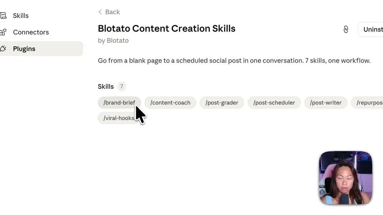 The Blotato Content Creation Skills plugin installed in Claude, showing all seven skills: brand-brief, content-coach, post-grader, post-scheduler, post-writer, repurpose and viral-hooks.