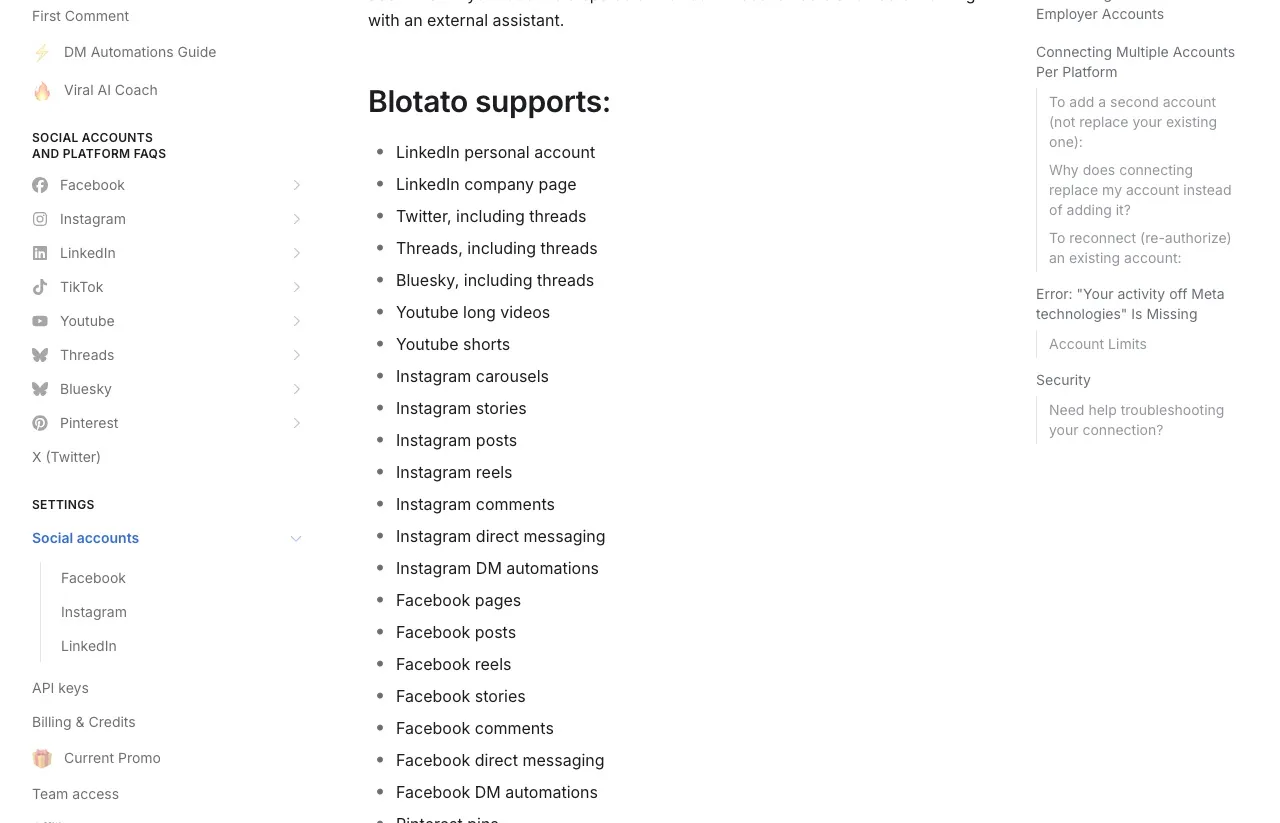 Blotato's help center listing the account types you can connect, from LinkedIn profiles and Pages to Instagram reels and stories.