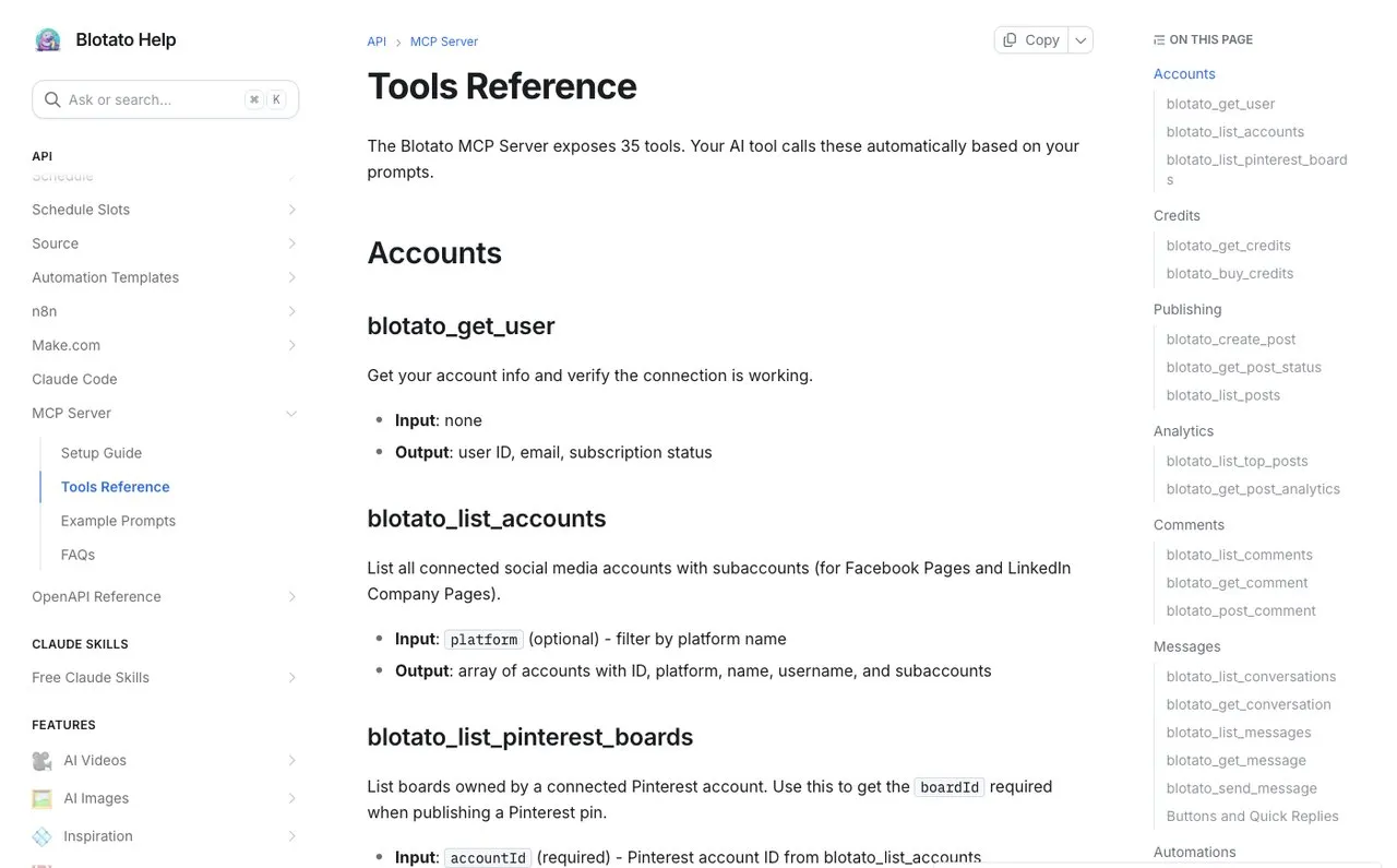 The Blotato MCP tools reference, listing the named tools an agent calls to check accounts, publish posts, and read analytics.
