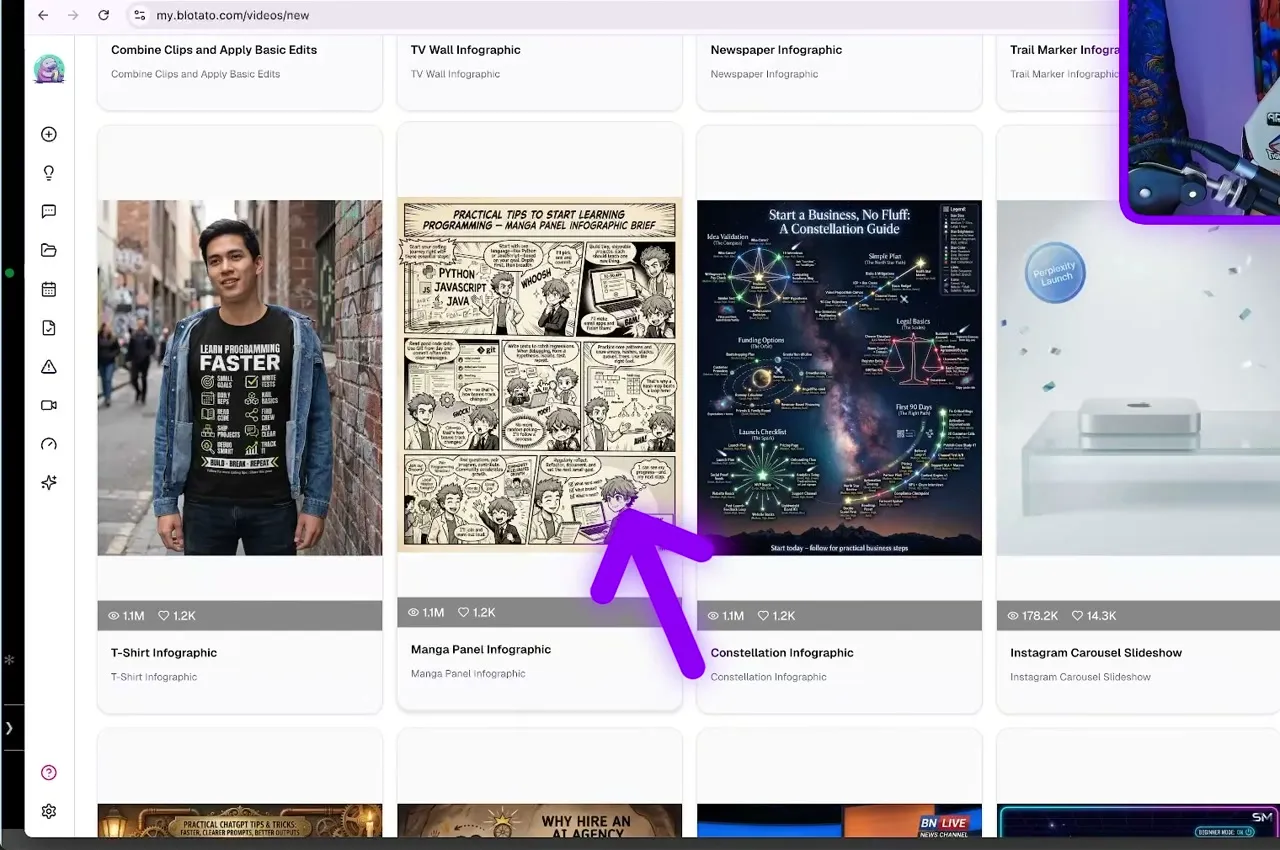 The Blotato video template library showing viral templates including T-Shirt Infographic, Manga Panel Infographic, Constellation Infographic, and Instagram Carousel Slideshow with view counts.