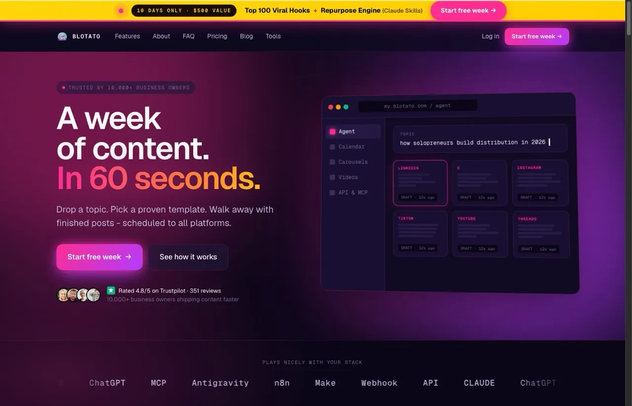 Best Ayrshare alternative Blotato homepage showing AI social media posting API with flat pricing