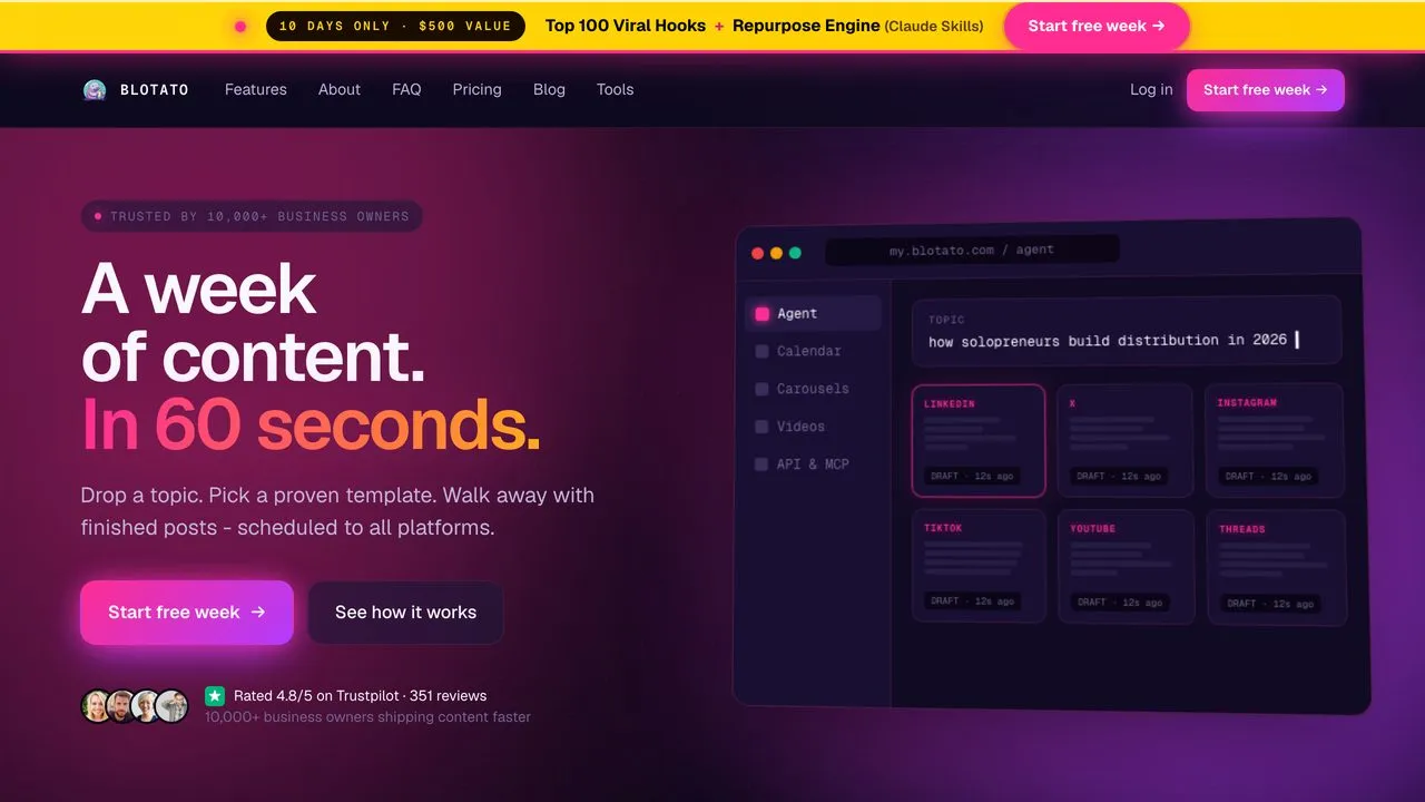 Blotato homepage, a Claude MCP server that turns one topic into scheduled posts on all platforms
