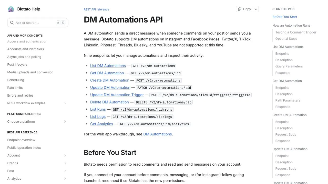 Best LinkDM alternatives: Blotato DM Automations API reference listing nine endpoints