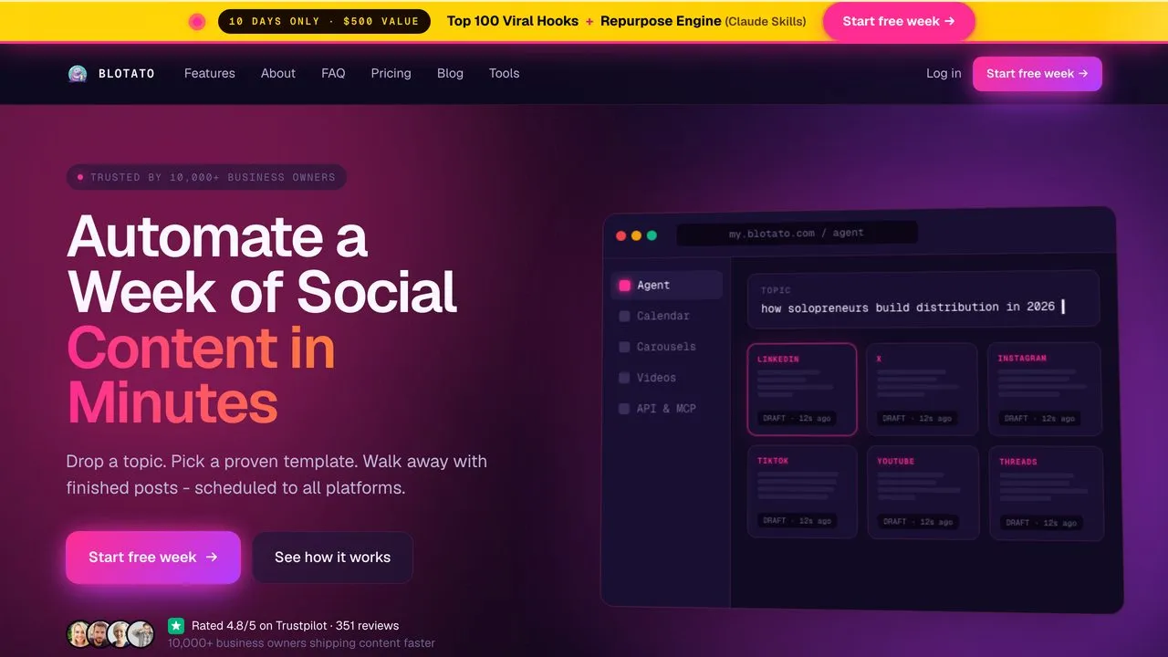Faceless AI video generator that auto-posts, Blotato homepage showing cross-posting to 9 platforms