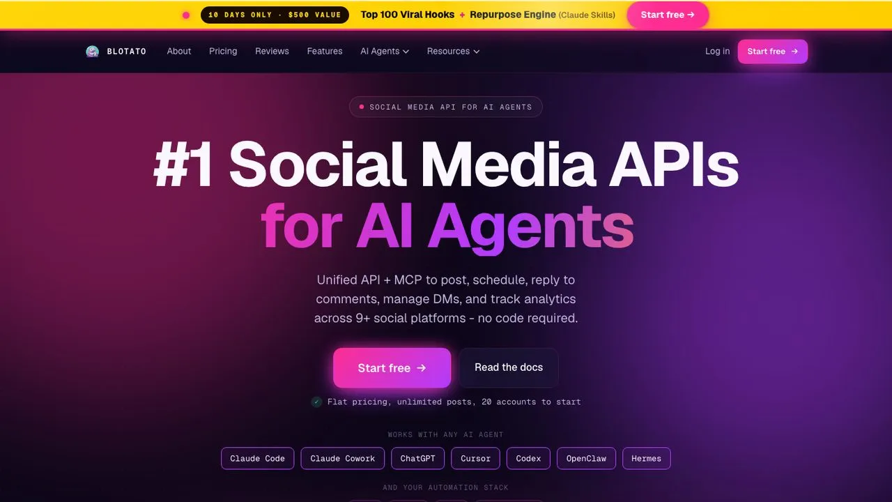 SocialBee alternatives: Blotato homepage showing its social media API for AI agents