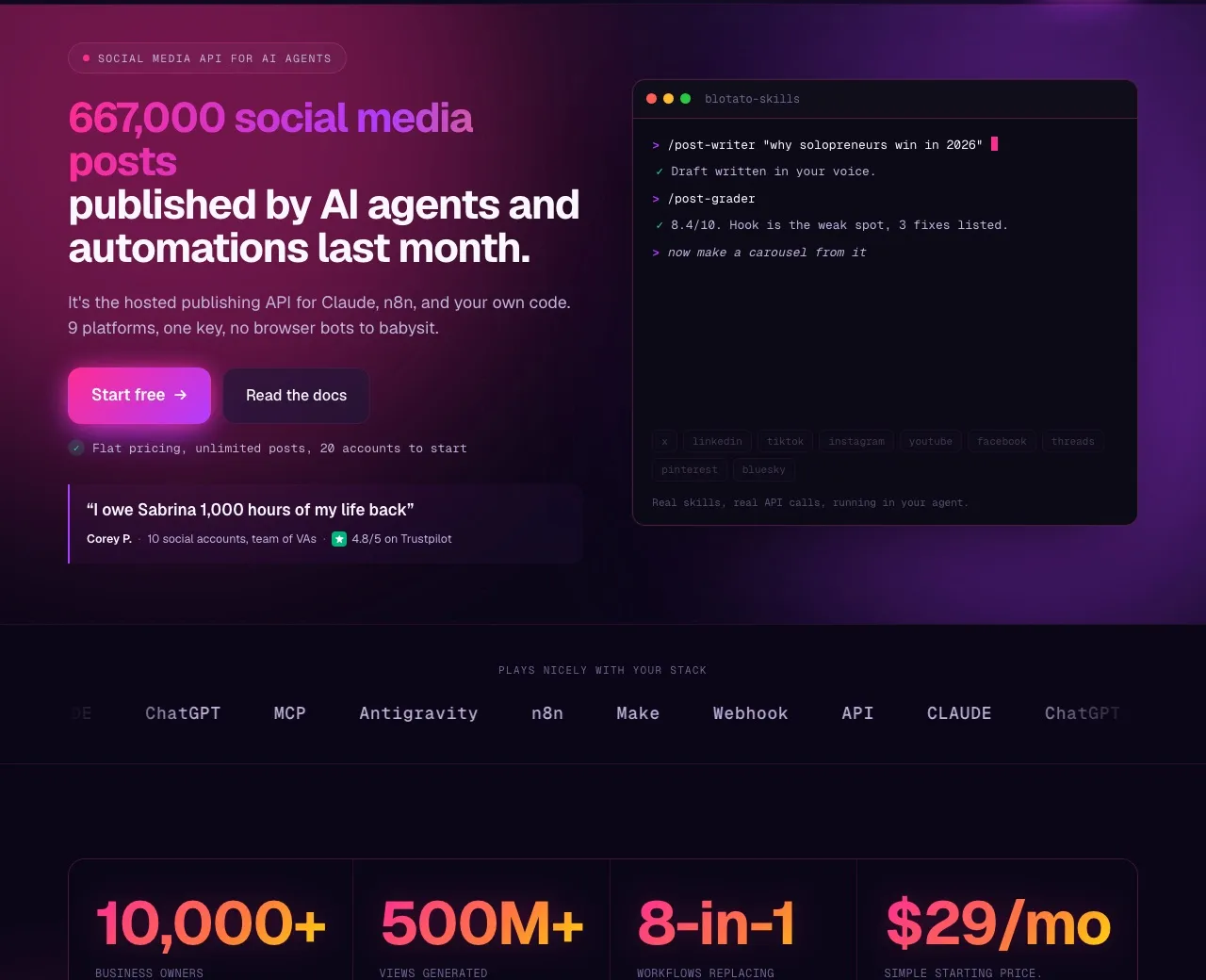 Blotato homepage showing the social media API and agent publishing surface