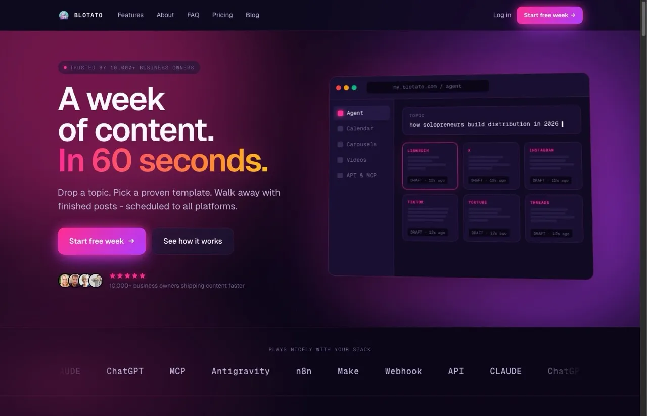 Hootsuite alternative Blotato homepage showing AI-powered social media management for creators