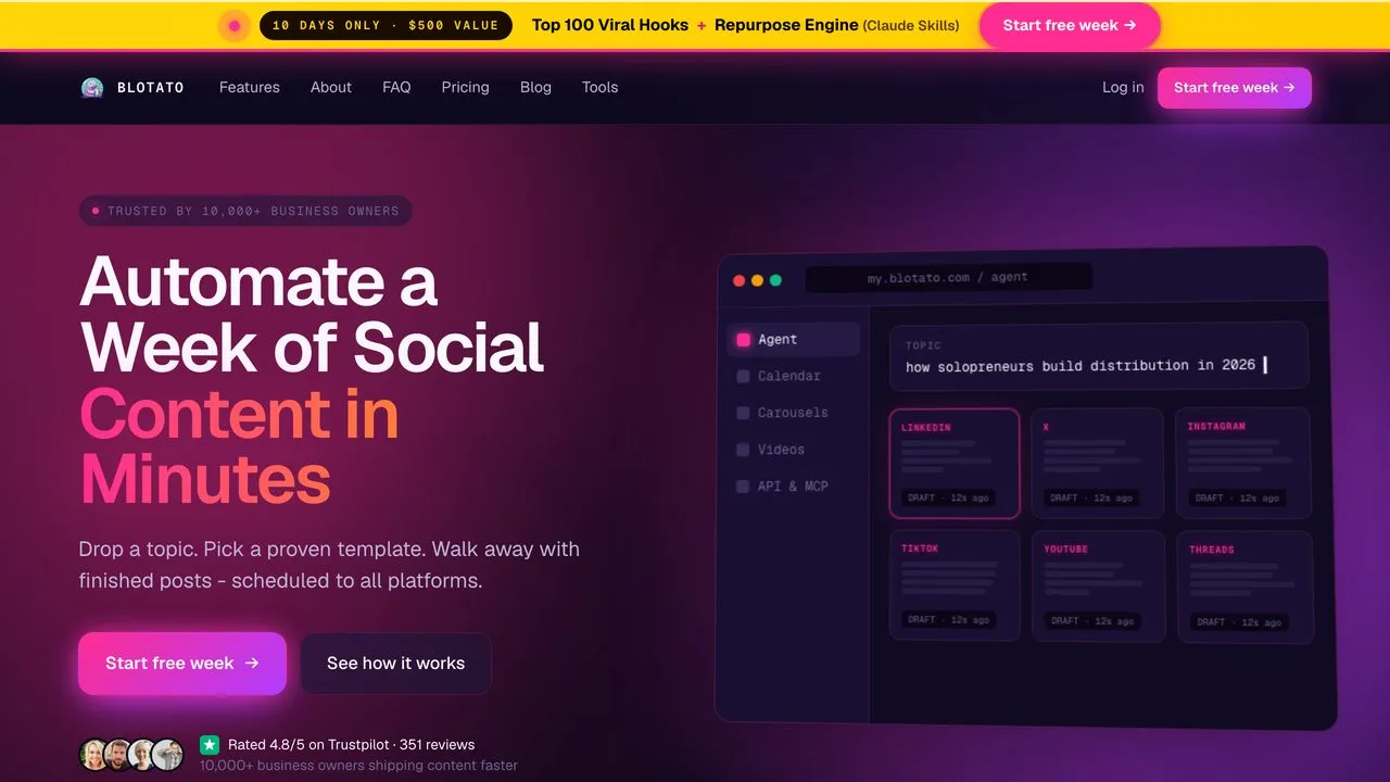 Blotato homepage showing AI social media automation to 9 platforms