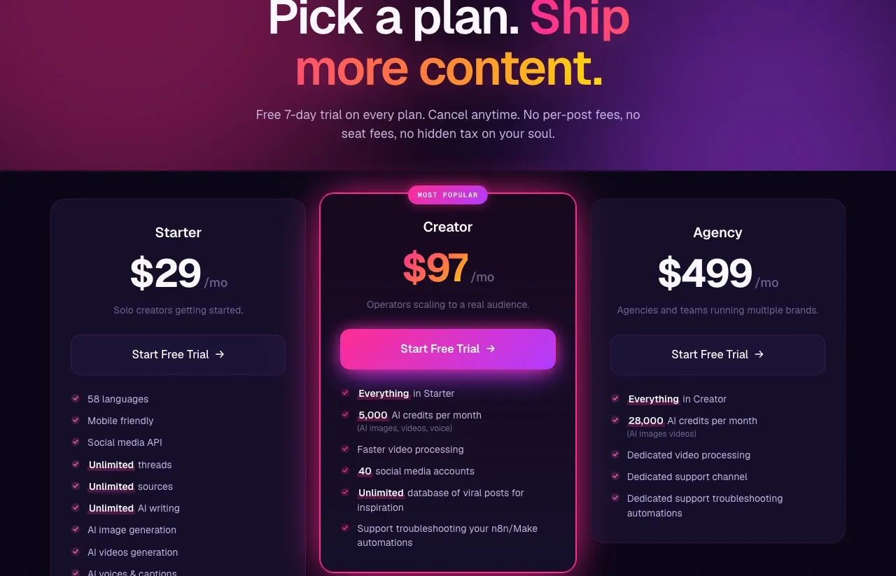 Best Sendible alternatives: Blotato pricing page showing Starter, Creator, and Agency plans