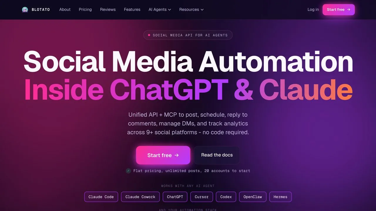 Best social media scheduling API homepage showing Blotato publishing across nine social platforms