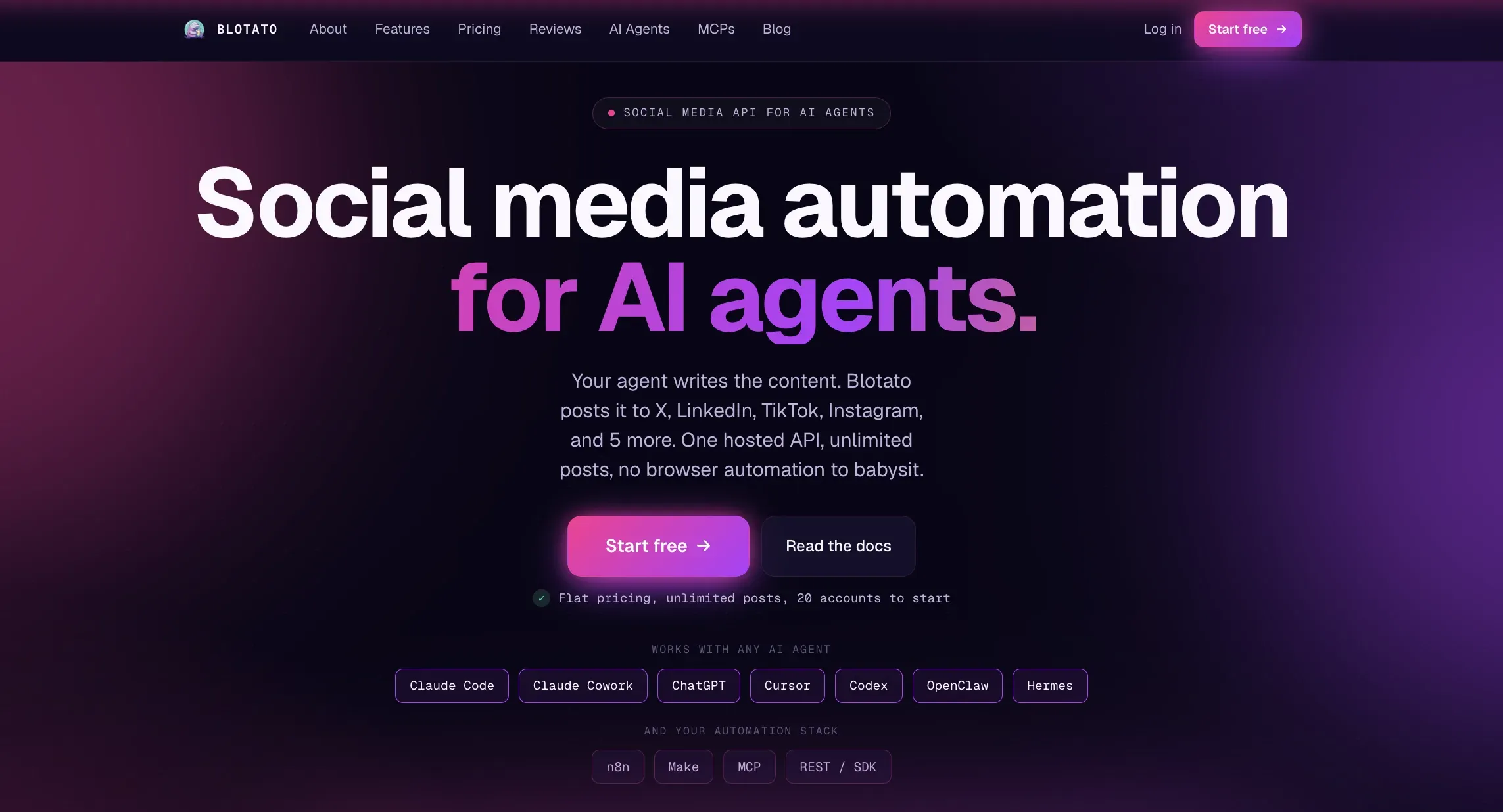 Blotato homepage showing the AI social media agent that posts to X and 8 other platforms