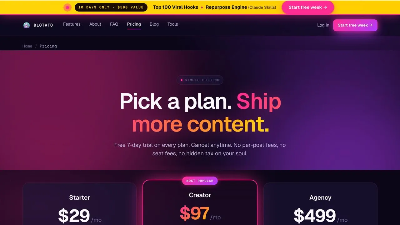 AI social media tools for agencies, Blotato flat pricing page with plans and credits