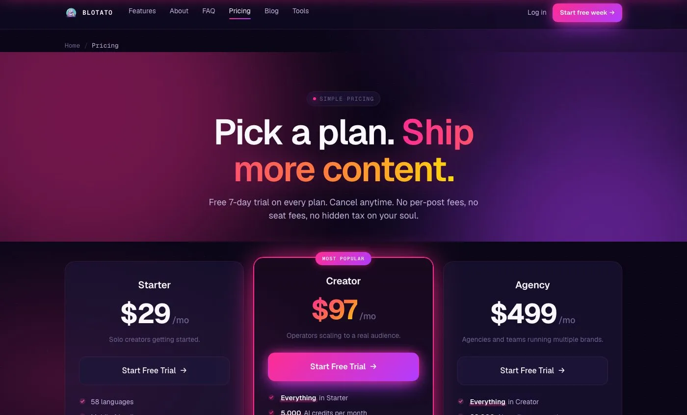 Best Publer alternative Blotato pricing showing Starter, Creator, and Agency plans