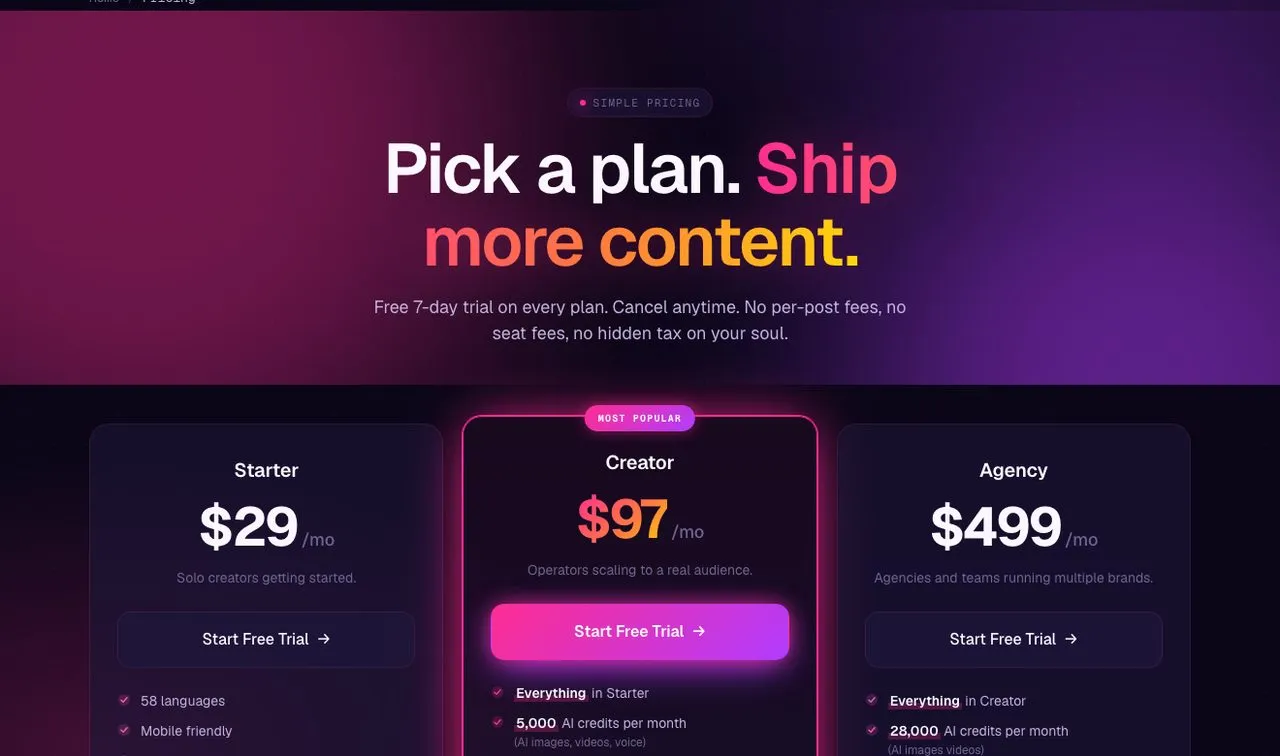Manychat alternatives: Blotato pricing showing Starter, Creator and Agency plans