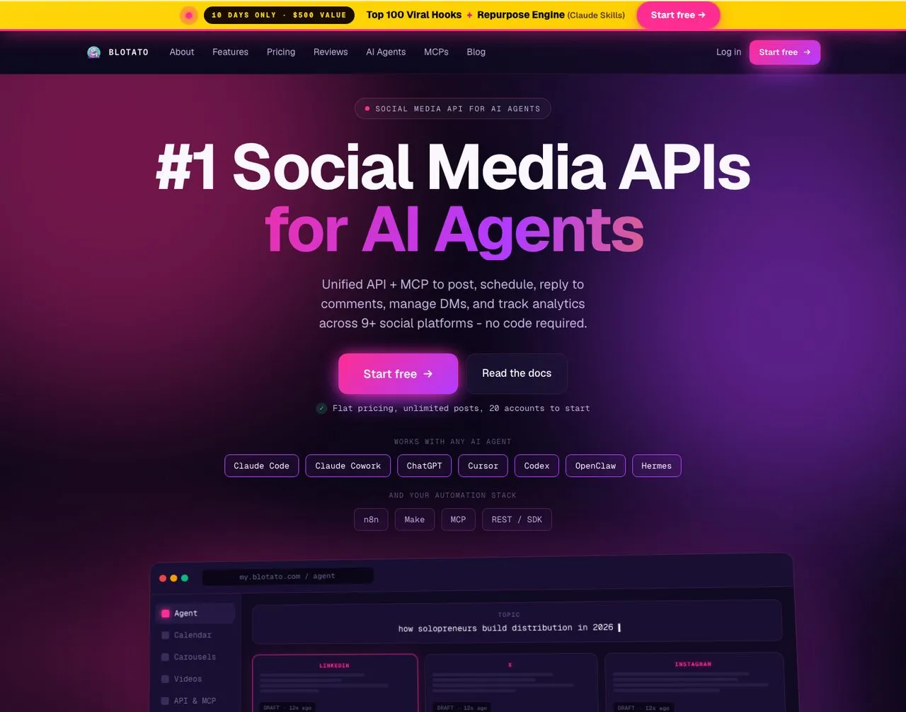 Best SocialClaw alternatives, Blotato agent infrastructure for social media marketing homepage