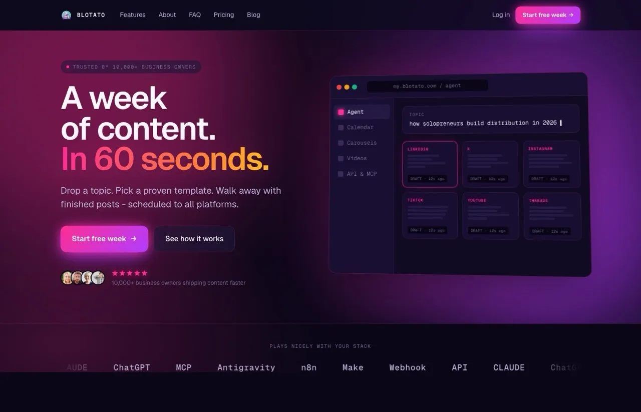 Blotato homepage showing AI-powered social media management for creators leaving Buffer