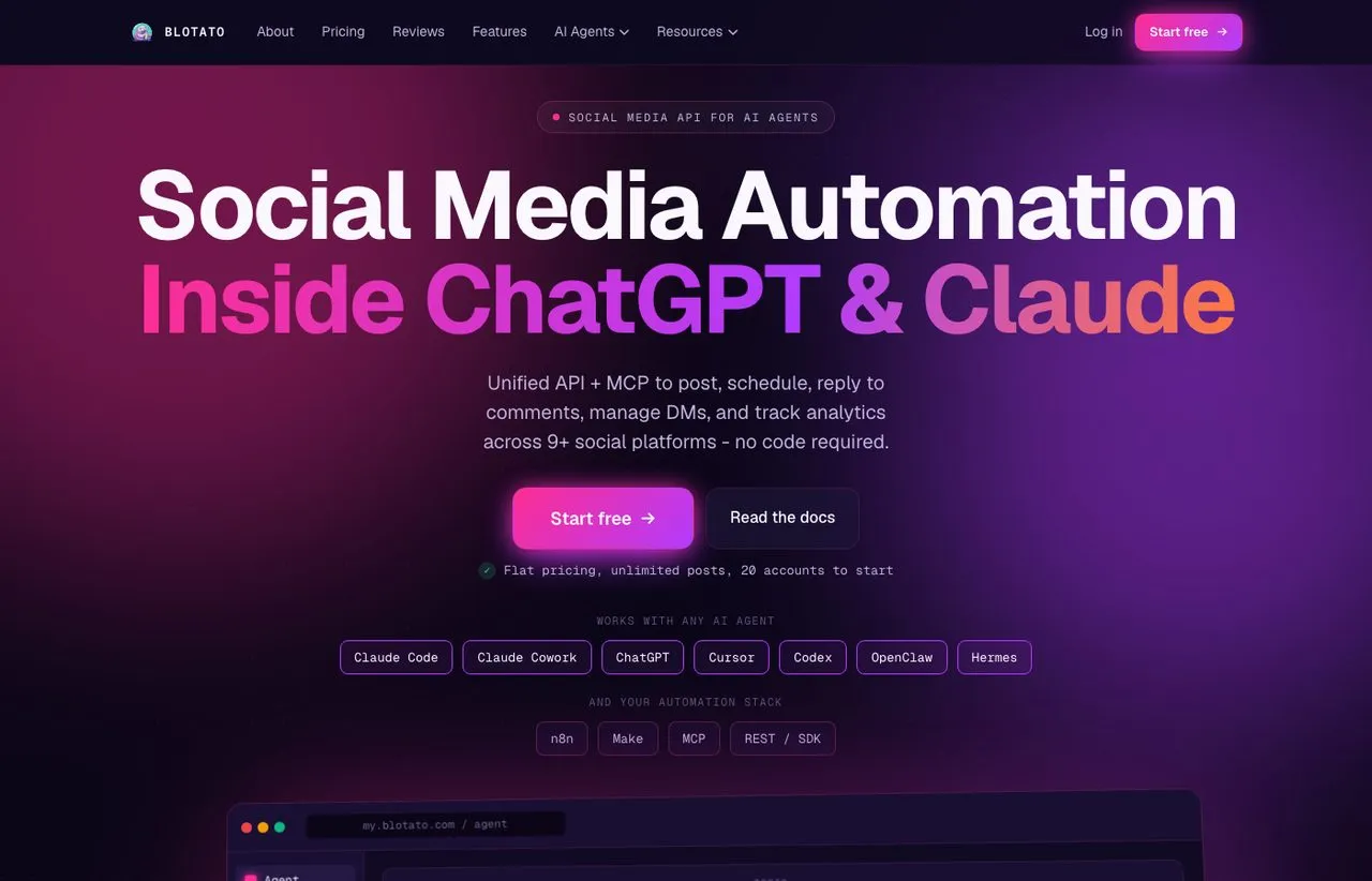 Blaze AI alternatives: the Blotato homepage showing its social media API for AI agents