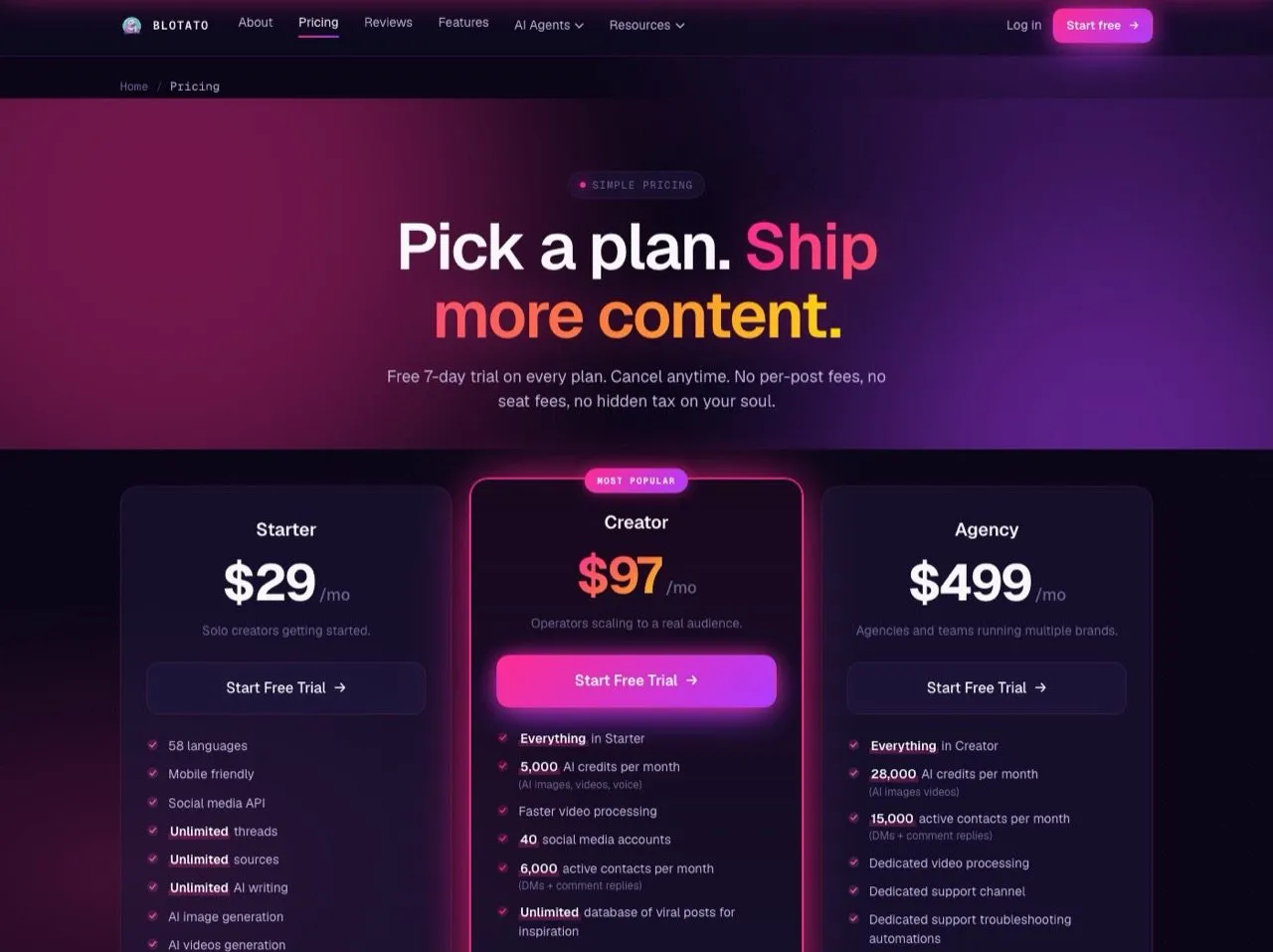 ContentStudio alternatives: Blotato pricing page showing flat plans with accounts and AI credits