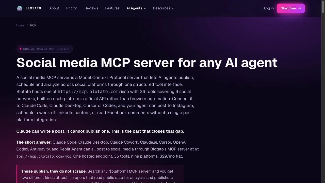 Best Claude connectors for social media: Blotato's MCP server page with its connector URL