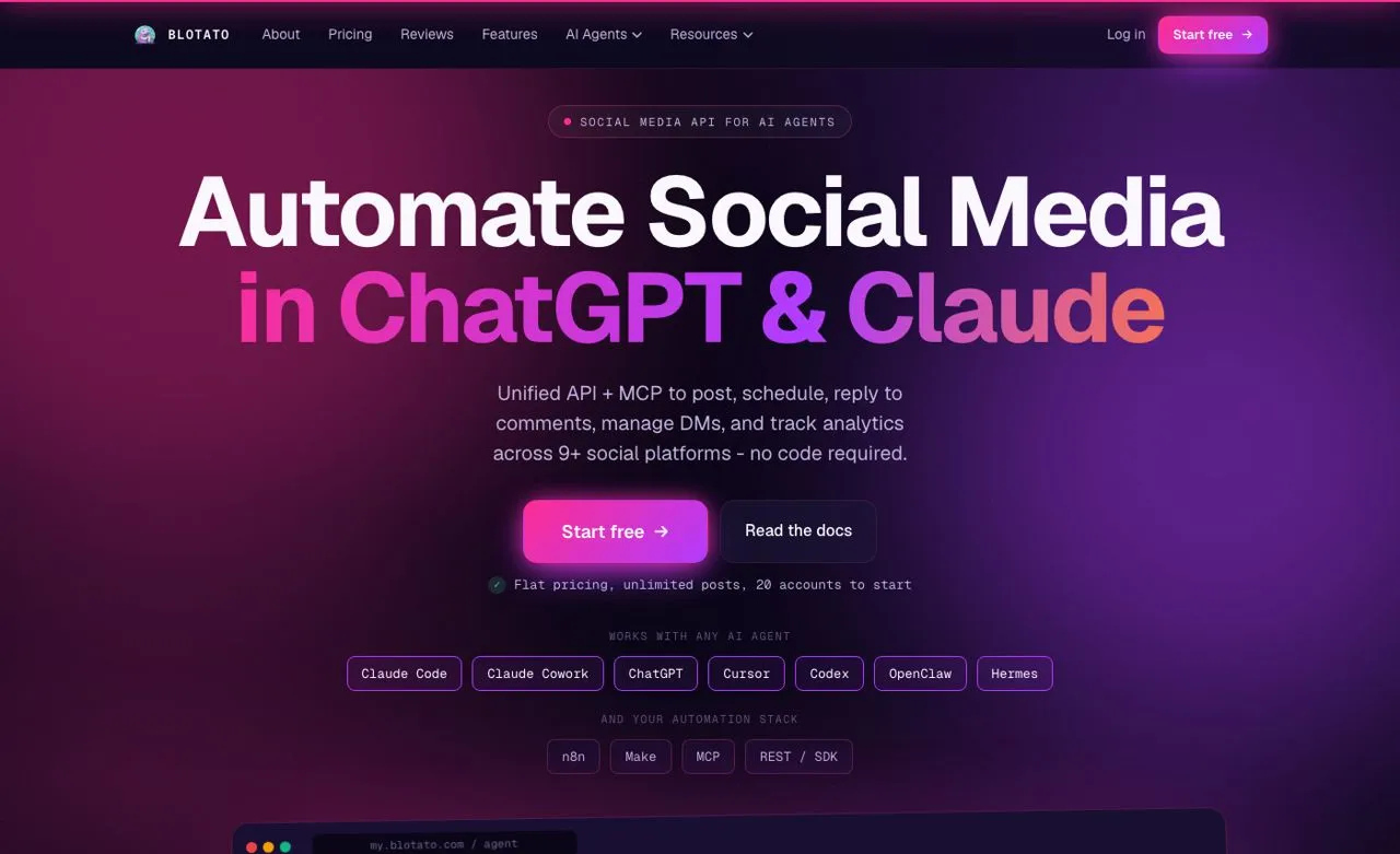 PostPulse alternative Blotato homepage showing the social media API and MCP surface