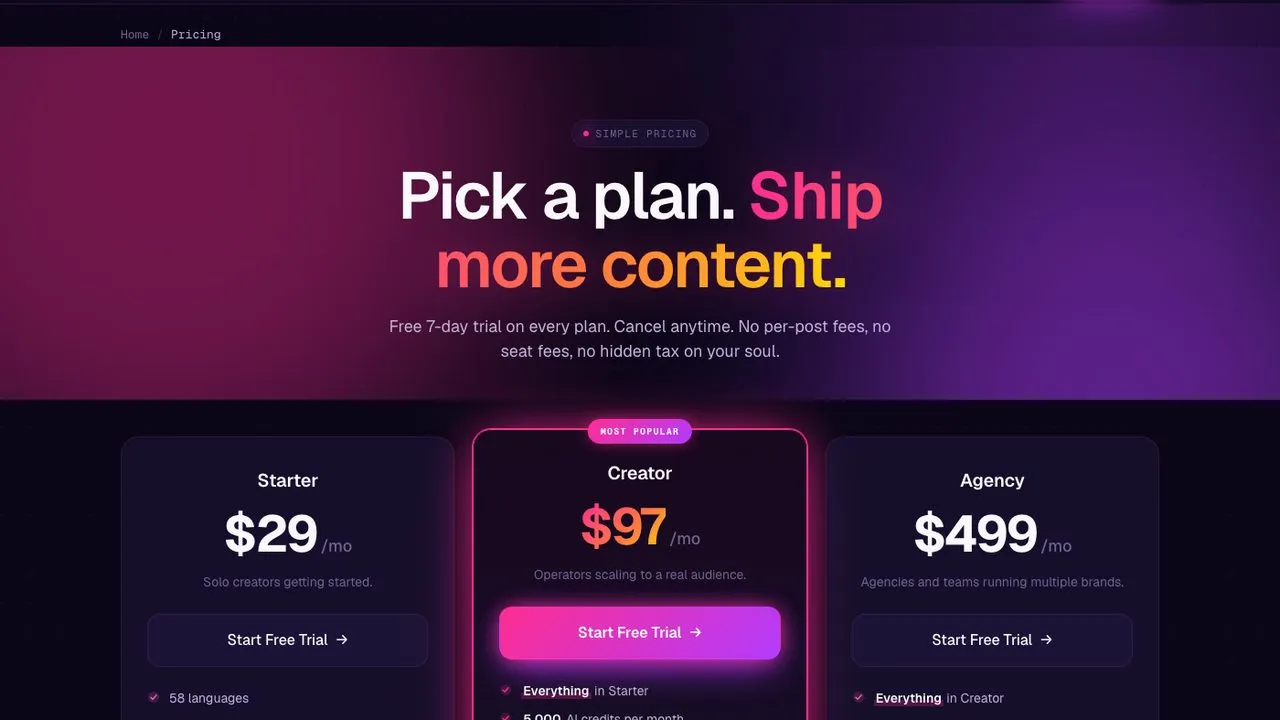 Post Bridge alternatives: Blotato pricing page showing Starter, Creator, and Agency plans