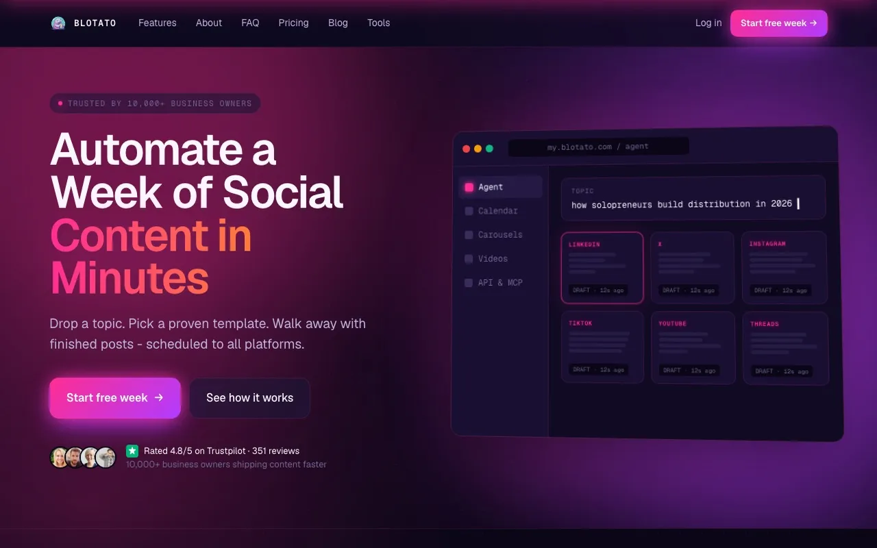 Blotato's homepage: an AI content engine that writes, generates images and video, and schedules across 9 platforms.