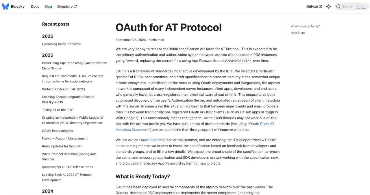 Bluesky's September 25, 2024 OAuth for AT Protocol announcement on docs.bsky.app, with the official recommendation to stop using the legacy App Password system for new projects.