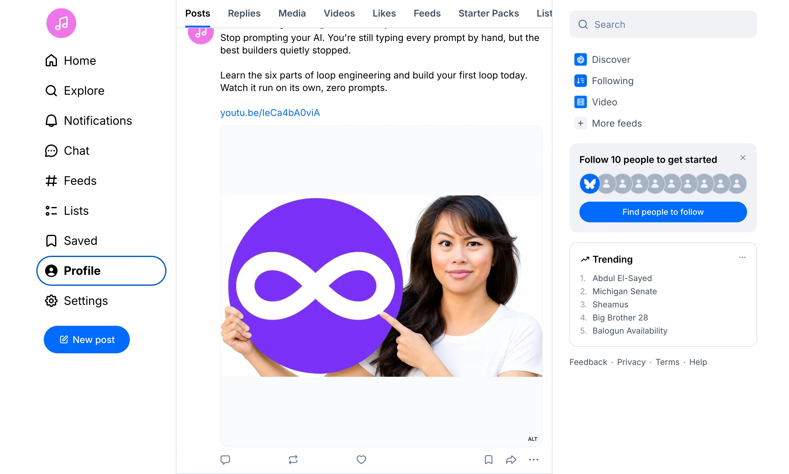 post to Bluesky with Claude: the published post live on the Bluesky timeline with the attached image