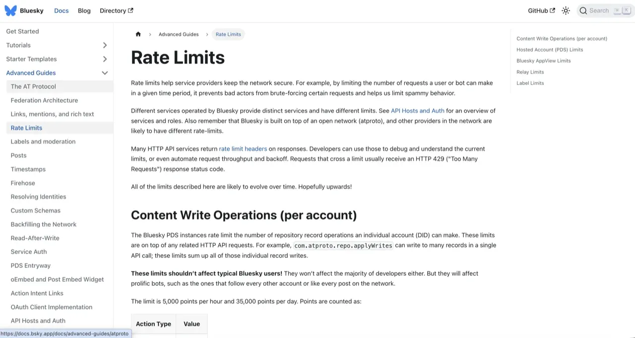 Bluesky API rate limits documentation on docs.bsky.app, showing the 5,000 points per hour and 35,000 points per day account caps plus the 3,000-requests-per-5-minutes IP rule on the Bluesky-hosted PDS.