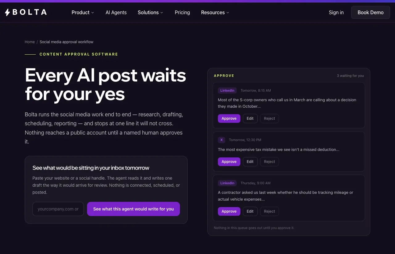 Bolta's approval workflow page: three AI-written drafts waiting for review, each with Approve, Edit and Reject buttons.