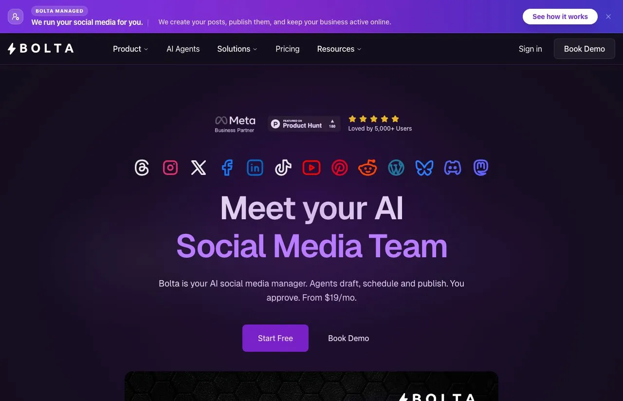 Bolta's homepage, with a row of network icons above the line "Meet your AI Social Media Team" and the start of its demo video.