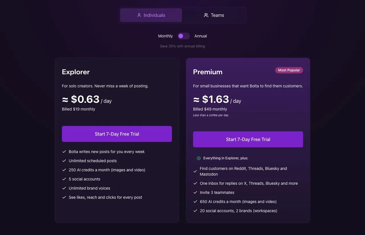 Bolta's pricing page on the monthly toggle: Explorer billed at $19 a month and Premium at $49 a month, each with a 7-day trial.